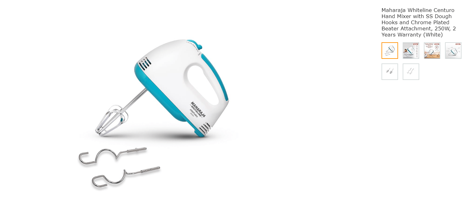 Maharaja Whiteline Centuro Hand Mixer with SS Dough Hooks and Chrome Plated Beater Attachment, 250W,