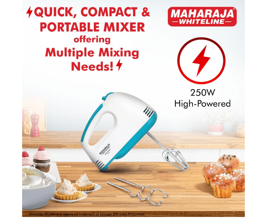 Maharaja Whiteline Centuro Hand Mixer with SS Dough Hooks and Chrome Plated Beater Attachment, 250W, - Image 5