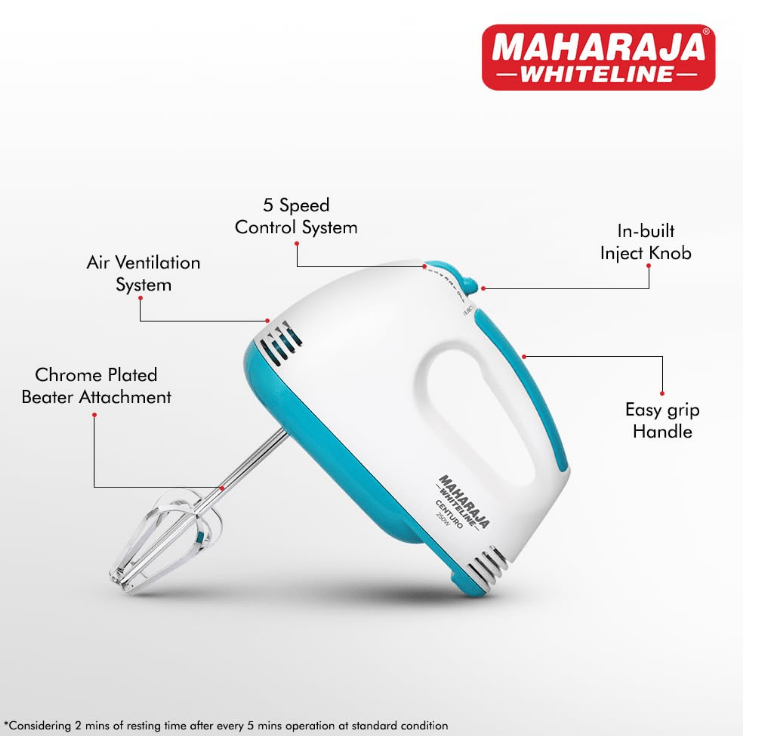 Maharaja Whiteline Centuro Hand Mixer with SS Dough Hooks and Chrome Plated Beater Attachment, 250W, - Image 4