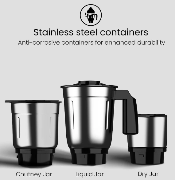 Crompton DS 500, 500 Watt Mixer Grinder with 3 Stainless Steel Jars - Image 3