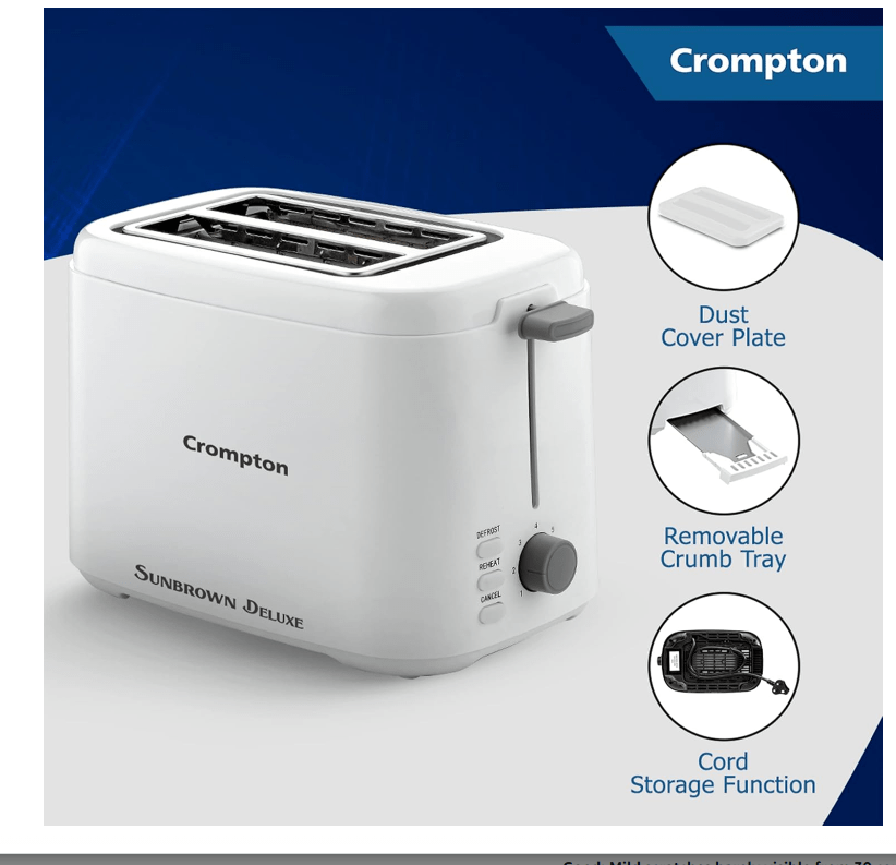 Crompton SunBrown Deluxe Pop-up Toaster 800W with Removable Crumb Tray | 7 Browning Levels with Reheat, Defrost & Cancel Function | Dust Cover Plate | White Cool Touch Body - Image 3